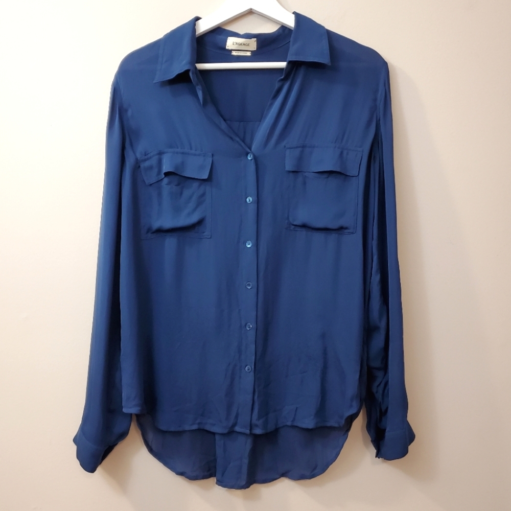 L'agence - 100% Silk Blue Pocket Blouse - Size M  (Flawed - Please Read)